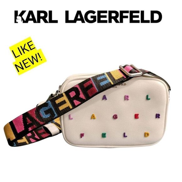Karl Lagerfeld Colorful Lettered White Crossbody Bag w/ Signature Guitar Strap - Picture 1 of 12